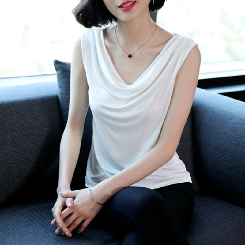 Summer New White Pleated Bottoming Shirt Sleeveless Solid Color Off Shoulder Office T Shirt Tops Vintage Fashion Women Clothing