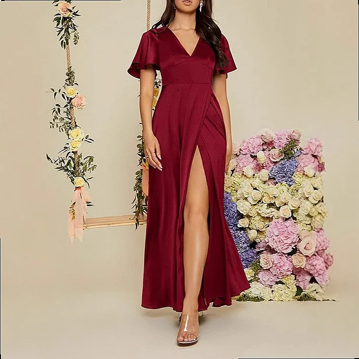 Elegant Evening Dress Women Solid V Neck Short Sleeve High Waist Office Dresses Spring Summer