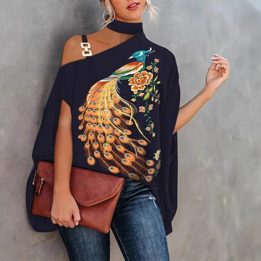 Women Choker Cold Shoulder Top Peacock Floral Print Batwing Sleeve Buckle Strap Casual Blouse