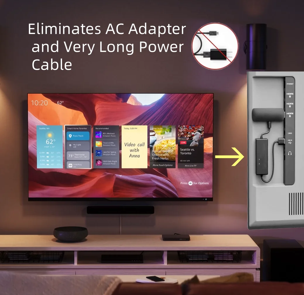 Adapter kabla zasilającego do Amazon Fire TV, Xiaomi Google TV Streamer 4K Chromecast Streaming Stick - eliminuje potrzebę użycia zasilacza sieciowego.