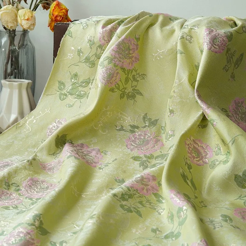 Vestido infantil de seda amarelo verde dourado, flores em relevo, tecido tingido, colete temperamento, tecido decorativo jacquard chinês