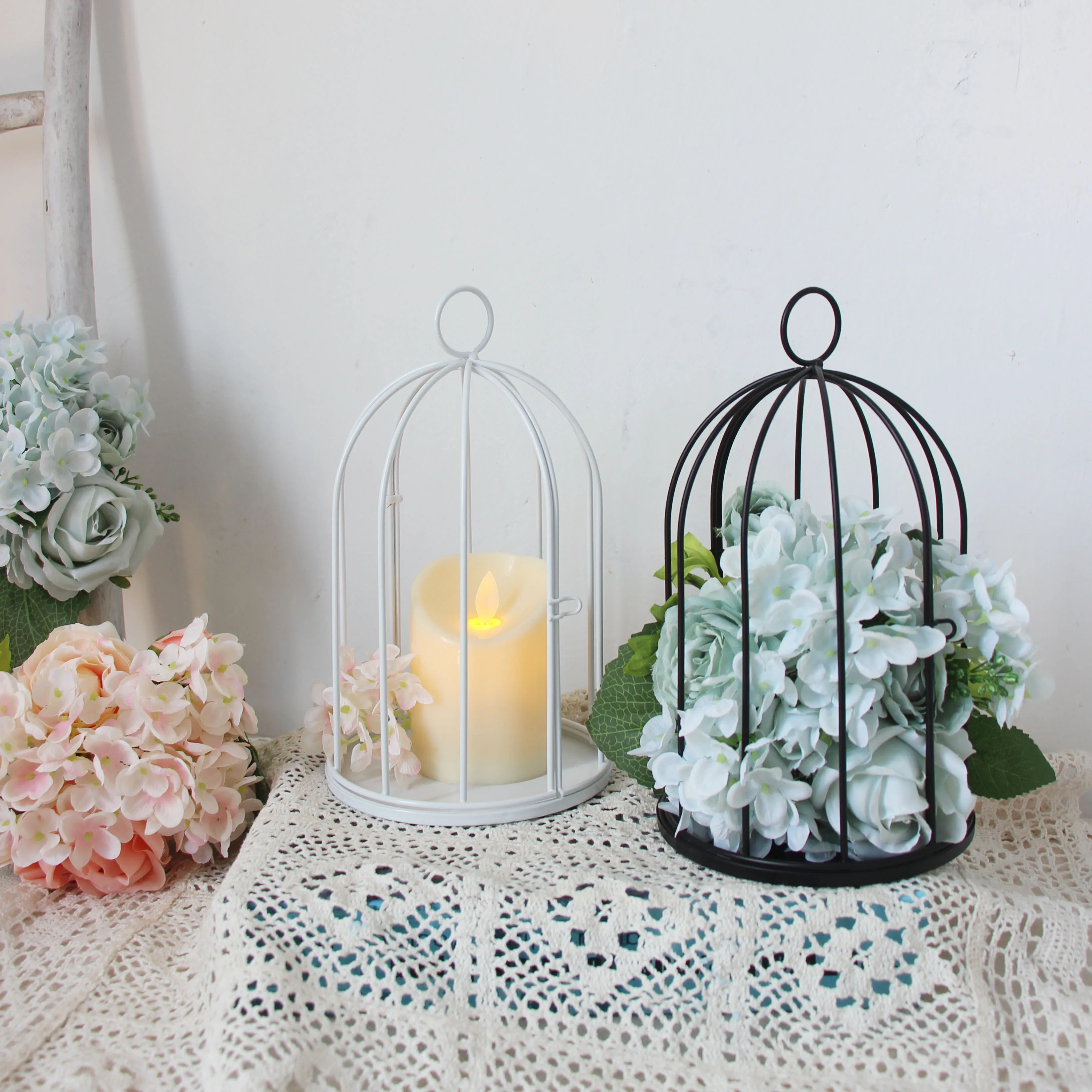 Outdoor Modern iron garden metal birdcage white/black line cage with Bird hook decoration hanging flowerpot succulent plants