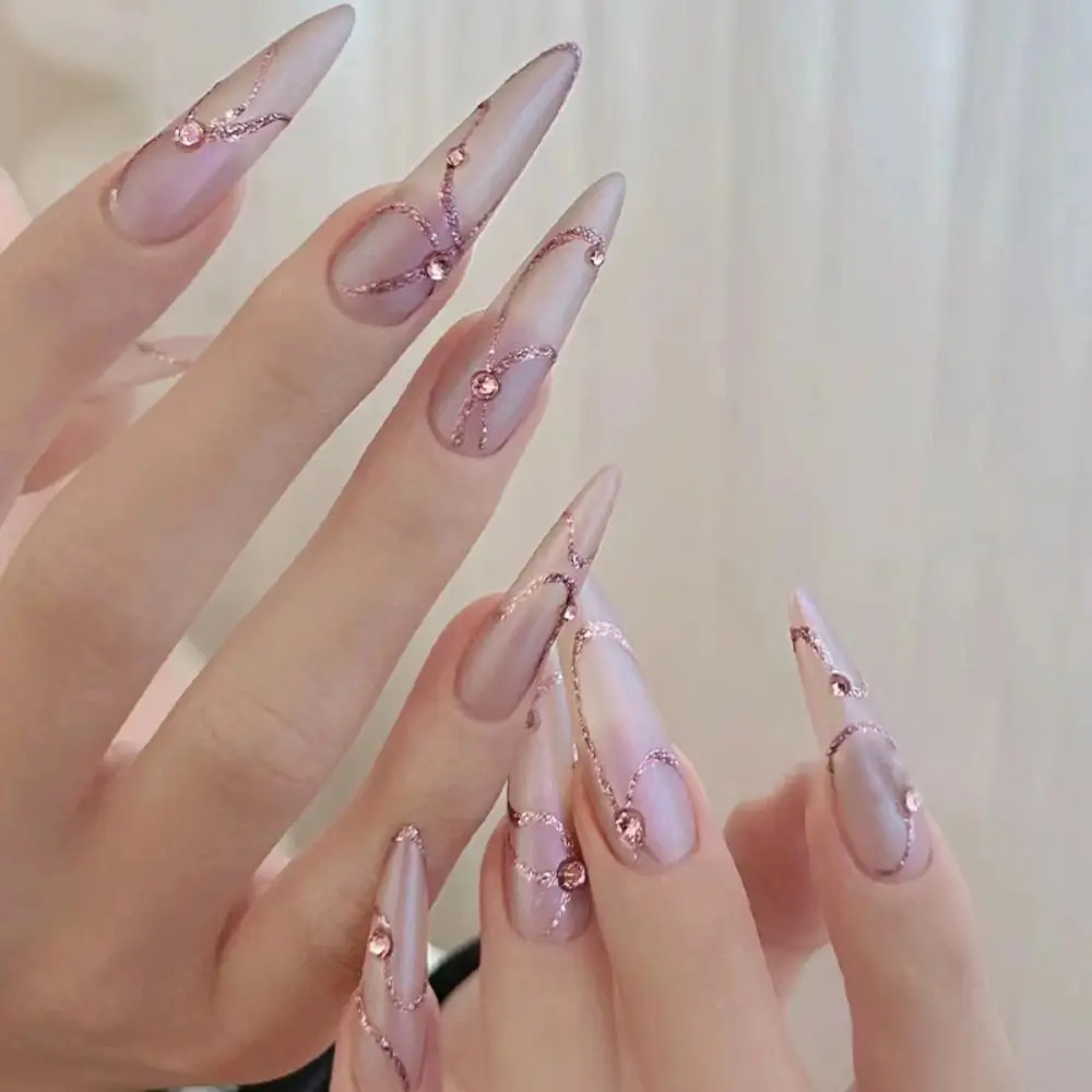 24pcs Long Stiletto and Ballerina False Nails Gradient Nude Crystal Fake Nials Cat Eye Detachable French Nail Tips Women