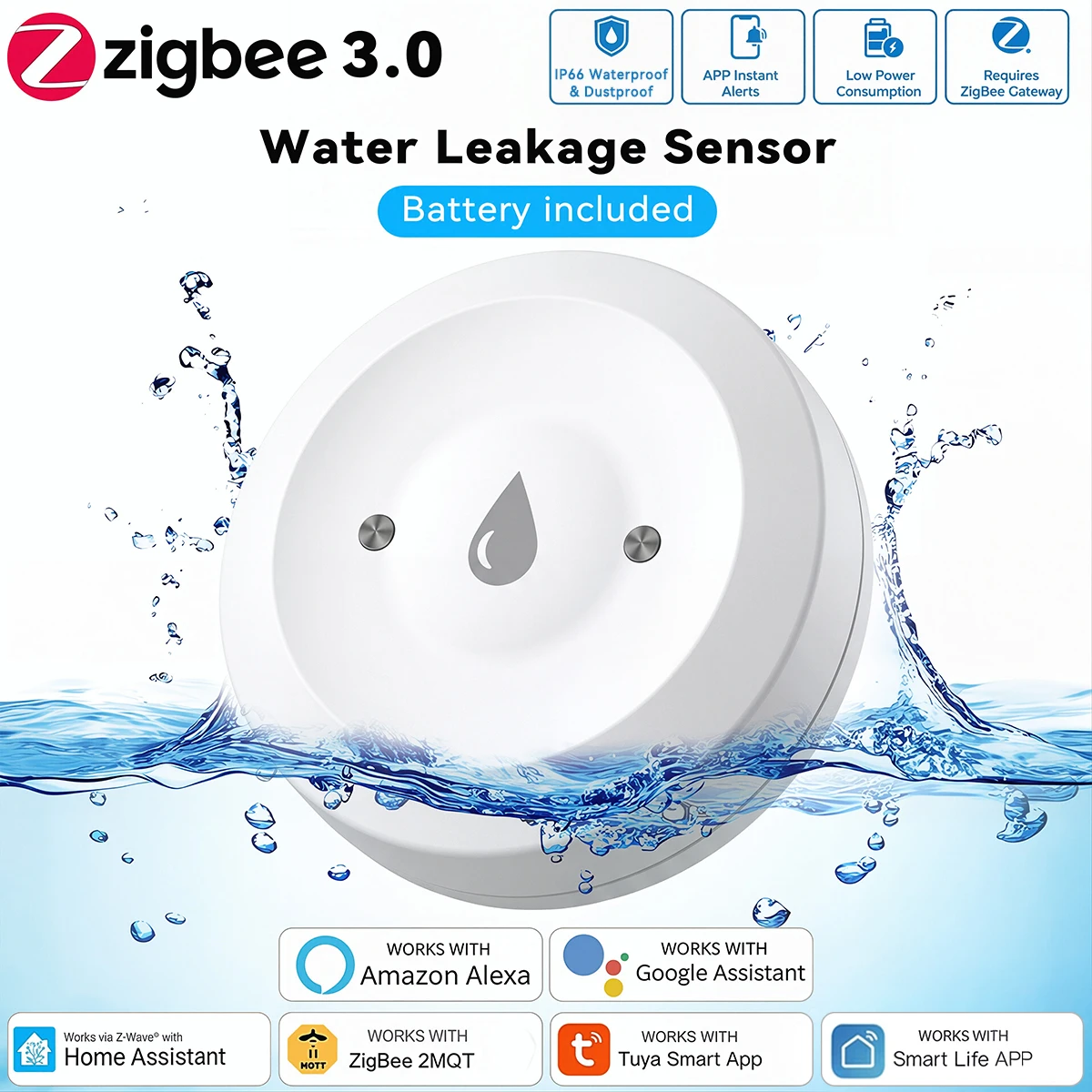 Tuya ZigBee Smart Water Leakage Sensor Smart Life Leak Sensor Alarm APP Remote Monitoring Flood Overflow for Bathroom Kitchen