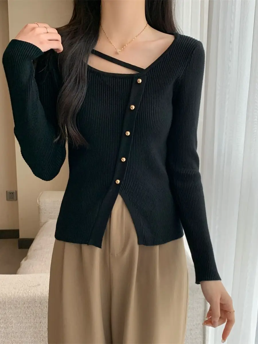 Women Clothes Fashion Button Solid Color O-neck Knitting Femme SpringAutumn  All-match Slim Long Sleeve Pullovers Bottoming Shir