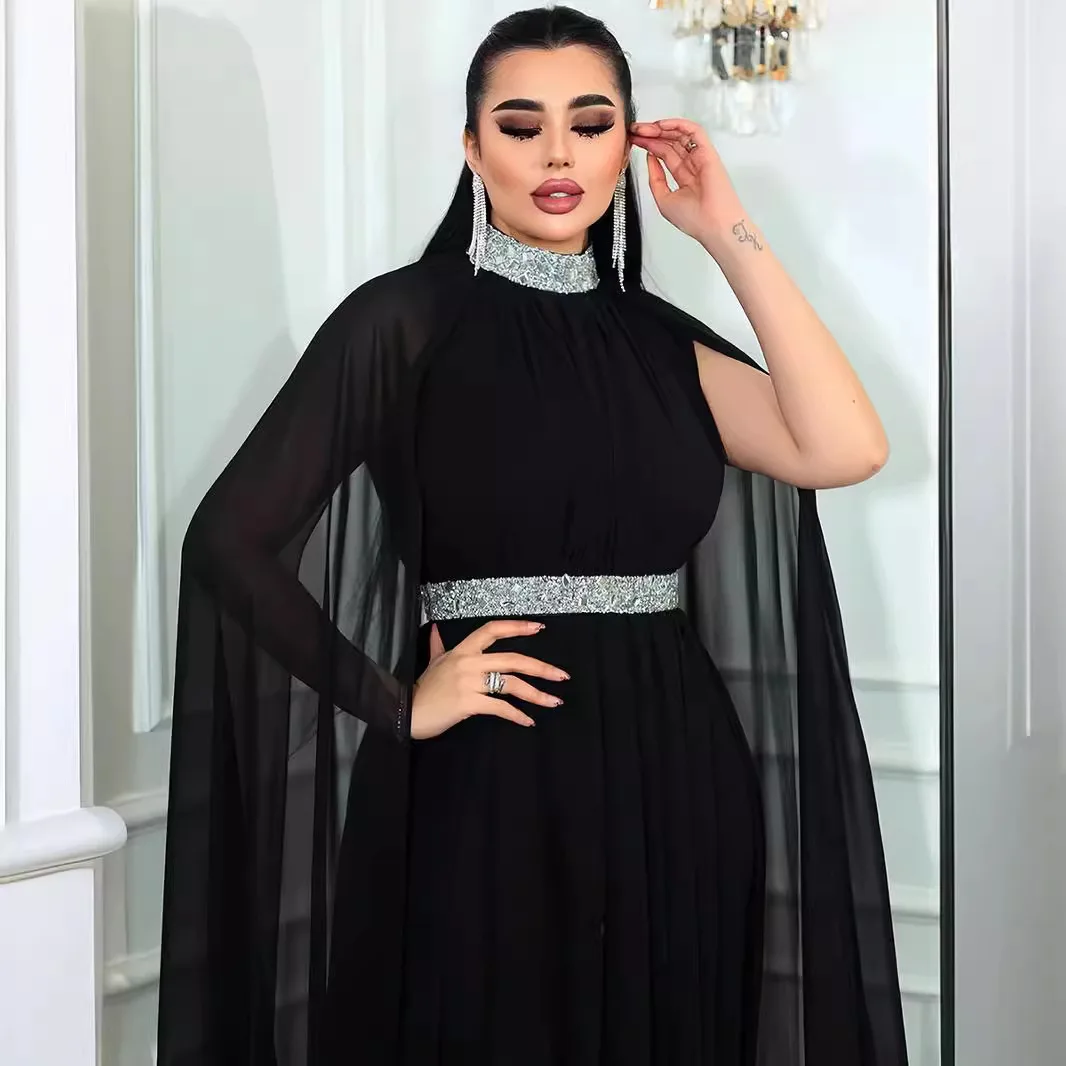 Women Spring Summer Long Sleeve High Waist Dress Abaya Fashion Solid Pleated A Line Long Dress Muslim Islamic Evening Dresses