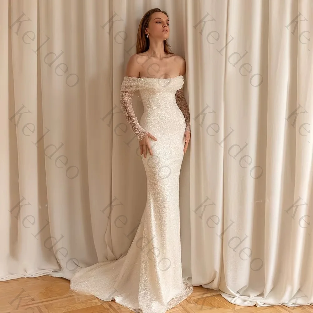 Customized Elegant Mermaid Sweetheart Long Sleeve Wedding Dresses Off The Shoulder Beaded Detachable Train Open Back Bride Gowns