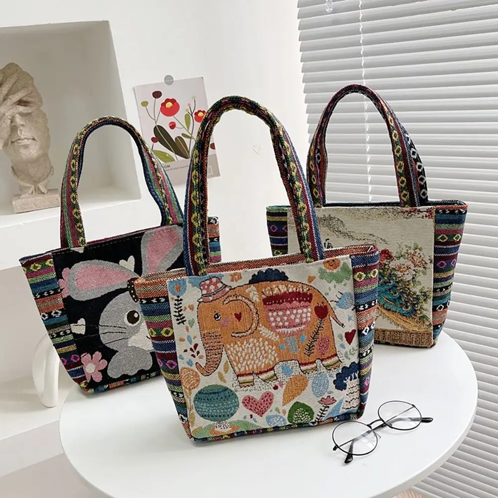 Fashion Women Canvas Handbag Animal Ethnic Style Embroidery Bag Elephant Peacock Rabbit Tote Bag Trendy Storage Bag