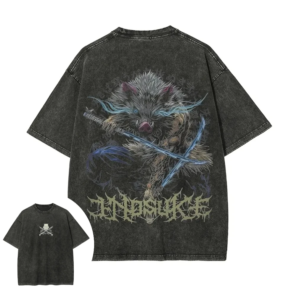 Demon Slayer Men's Women's Washed T-Shirt Inosuke Hashibira Summer Spring Anime Tee Retro Distressed High Quality Short Sleeve