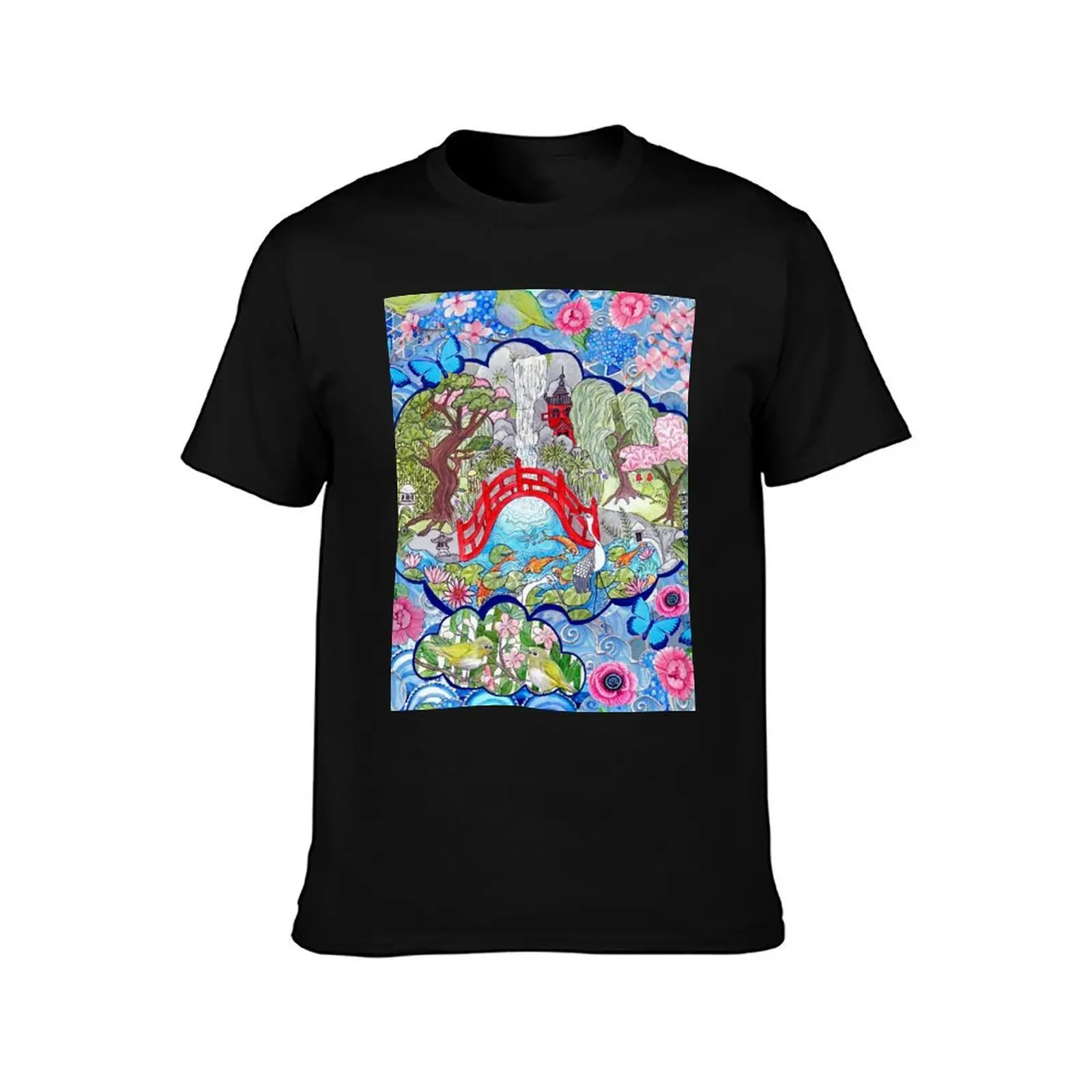 Japanese zen garden with cherry blossom, pagoda, bridge, koi pond and waterfall T-Shirt customs mens champion t shirts