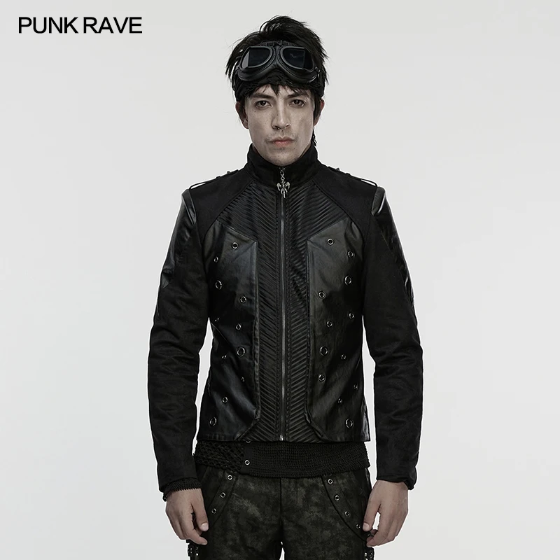 PUNK RAVE Men's Punk Rock Personalized 3D Element Metal Eyelet Power Jacket Black Striped Mesh Splicd Men Coat Clothing
