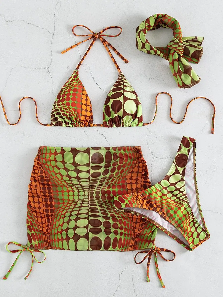 

Summer Beach Digital Polka Dot Bikini Set Halter Triangle Top High Cut Bottom Skirt Scarf 4 Pieces