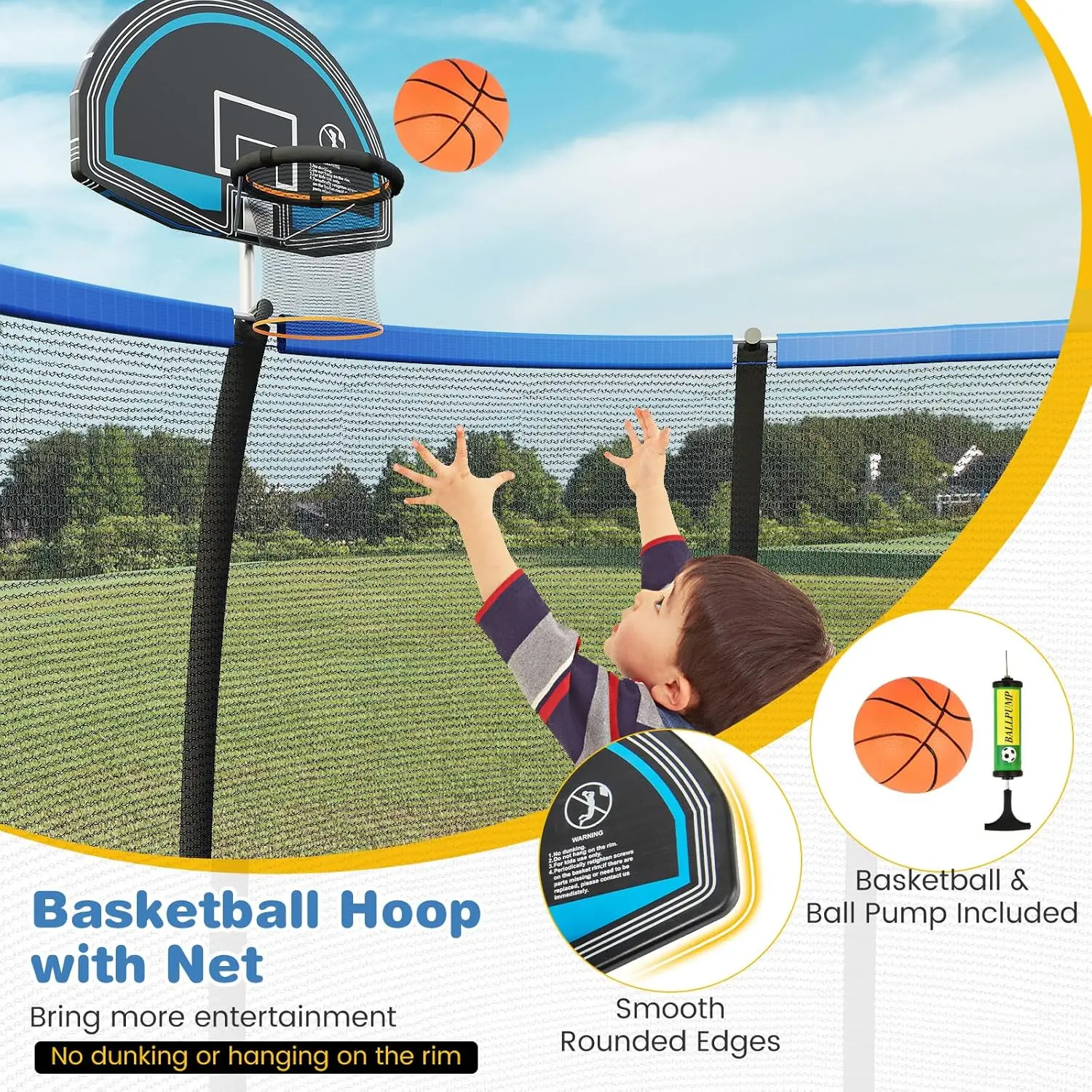 GYMAX Trampoline, 8FT 10FT 12FT Trampoline with Basketball Hoop, All Round Enclosure Net & Non-Slip Ladder, ASTM Approved Indoor