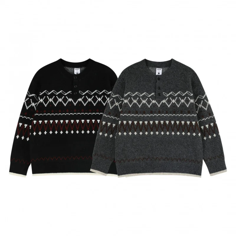 Men's Gray Fair Isle Knit Sweater, 2025 Autumn New Warm Thermal Button-Down Casual Outerwear