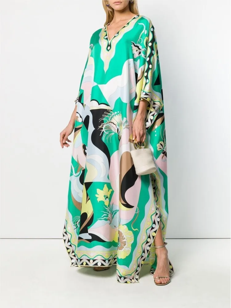 

Spring Summer Bohemian New Loose Big Hem Maxi Dress Women's Fashion Casual Printed V-neck Side Split Vacation Style Dresses