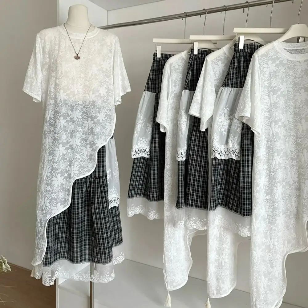 

Japanese Style Loose 2Piece Set Women's 2025 Summer Fashion Irregular Lace Long T-Shirt+Plaid Skirt Casual Versatile Sweet Set