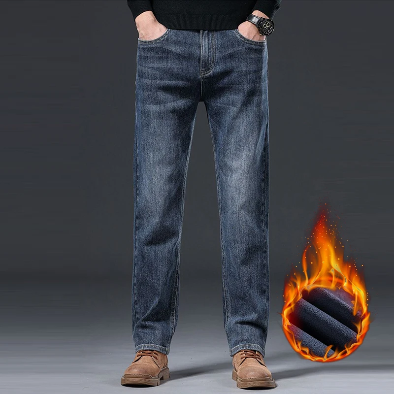 Зимнее флисовое издание, эластичные мужские джинсы, элитные деловые потертые джинсовые брюки для взрослых, универсальные брюки для официальных банкетных мероприятий