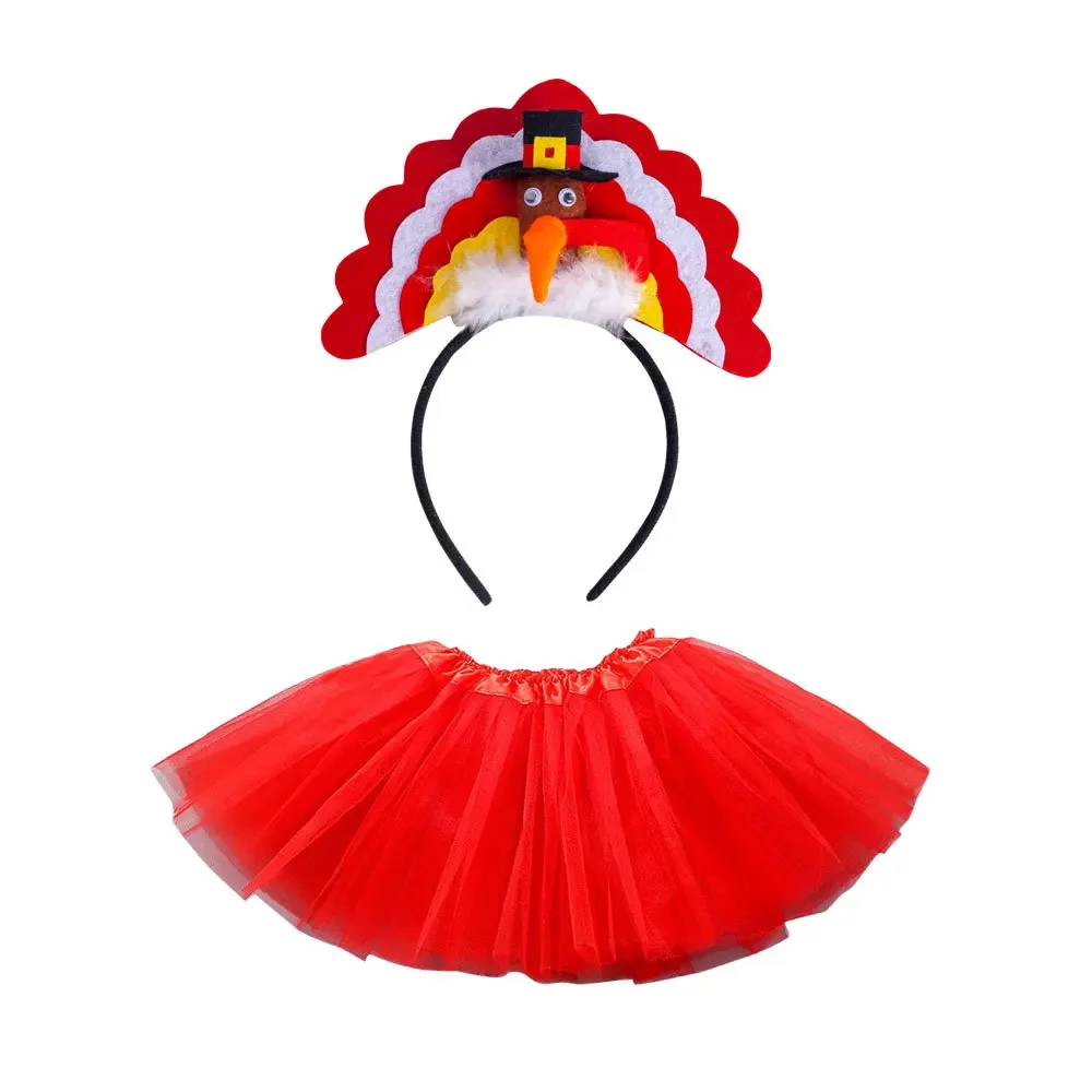 Girls Kids Thanksgiving Turkey Cosplay Costumes Tutu Skirt Headband Outfit