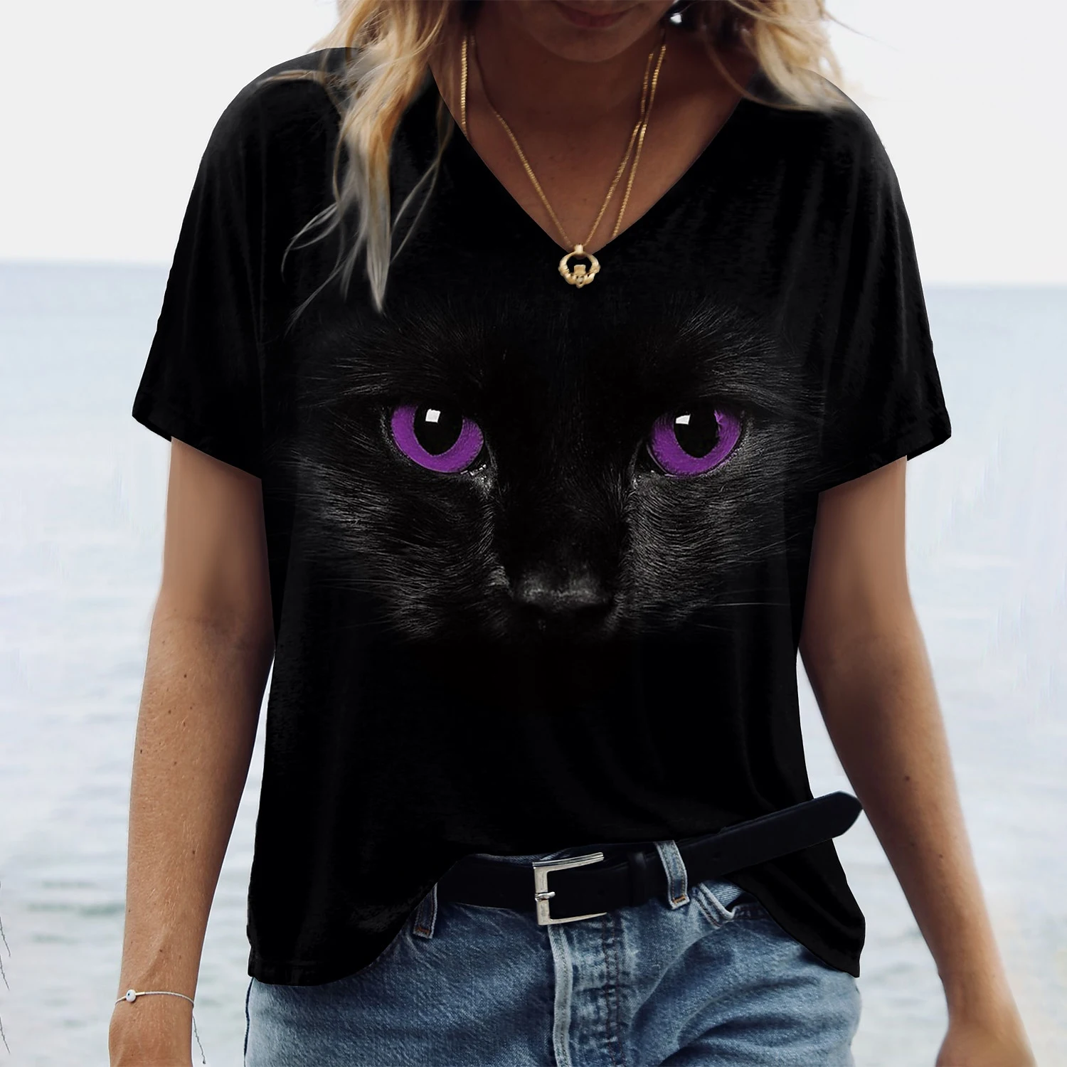 Women's T-Shirt Kawaii Cat Print 3d T Shirt Top Fashion Y2k Short Sleeve Tees V-Neck Female Clothing Oversized Summer T Shirts