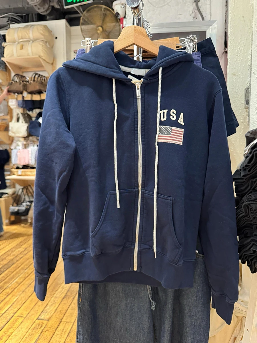 Felpa con cappuccio da donna con zip ricamata con lettera bandiera autunno nuovo cotone manica lunga tasca allentata felpa con cappuccio americana vintage blu scuro