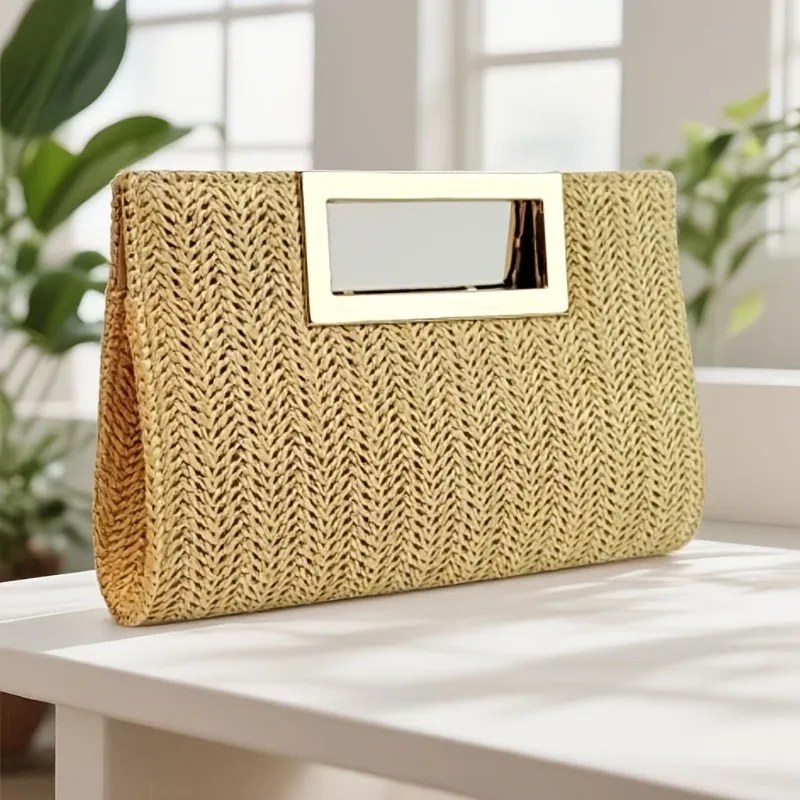 Versatile Summer Straw Clutch Fashion Lightweight Handbag Gold Frame Chain Strap Banquet Bag for Womens Daily Party Use Tote Bag