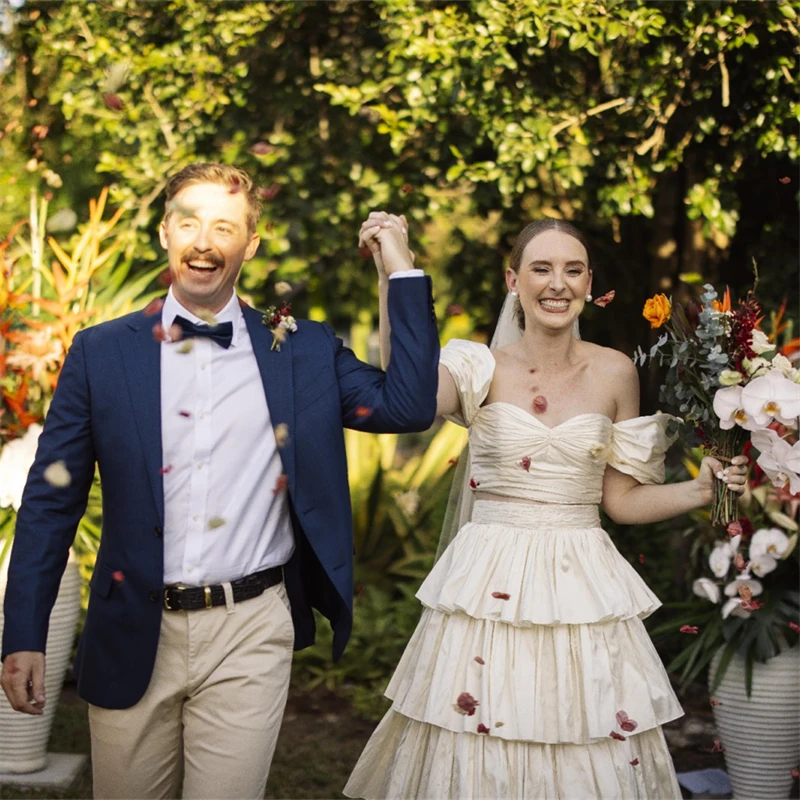 Vestido de novia Vintage con hombros descubiertos, traje de baile escalonado con mangas abullonadas elásticas, línea A, hecho a medida, fotos reales, 15408