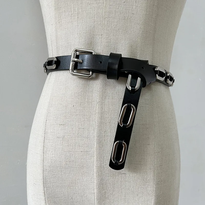

Luxury Brands Women's Belt Punk Girl Style Silver Oval Accessories Woven Design Unique Genuine Leather Belts