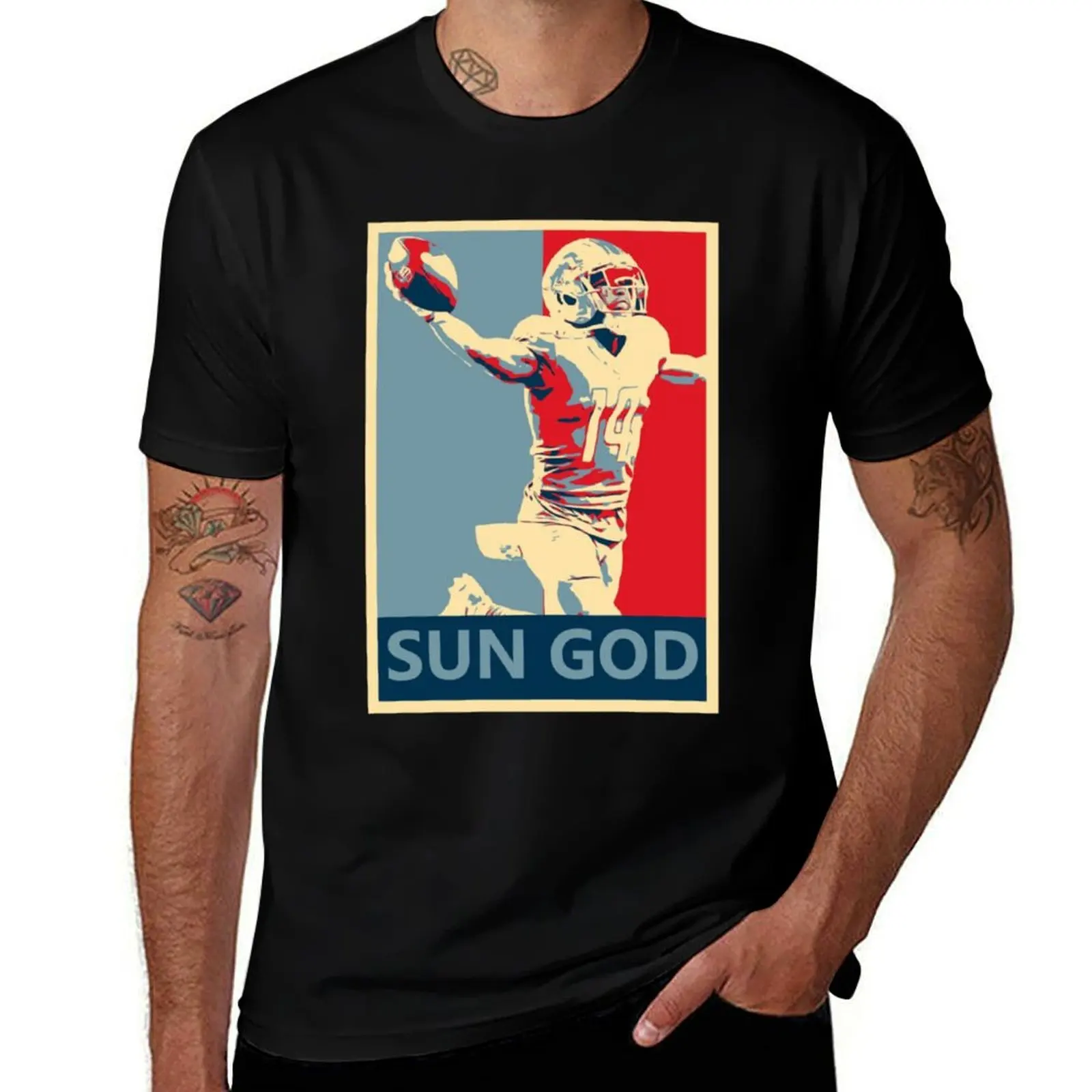 

Amon-Ra St Brown Lions Sun God Campaign Poster T-Shirt Everyday Wear Basic Short Sleeve Top