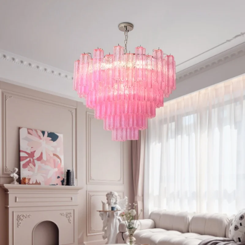 LED Pendant Lamp Lighting with Pink White Glass Tube French Design Glossy Hanging Lamp for Dining Room and Living Room Lighting