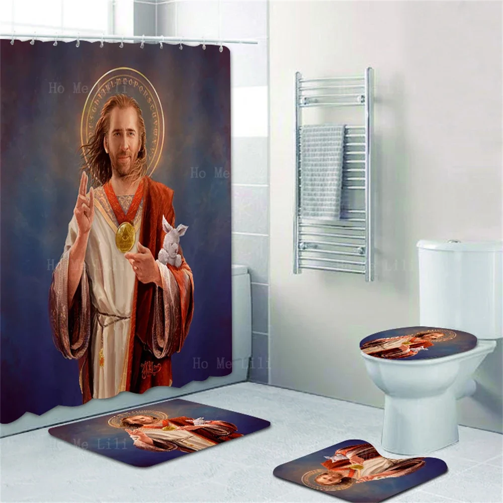 Sacred Heart of Nicolas Cage Saint Cool Jesus Shower Curtain Floor Mat Four-Piece Set