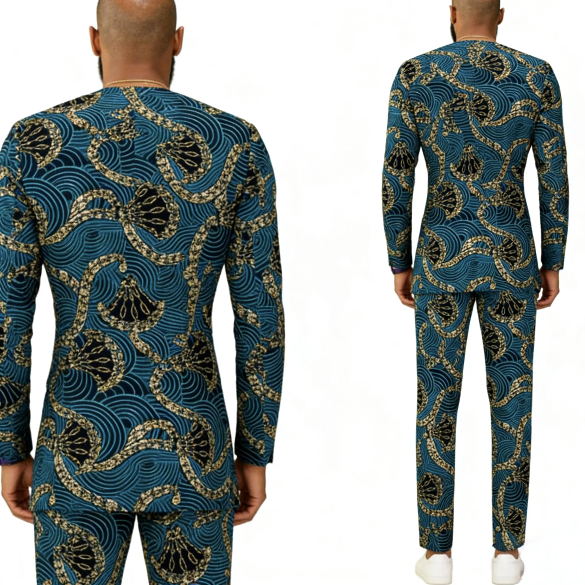 Men's Couture Collarless Suit Jacket Set Colorful Print Trousers African Wedding Festive Male Outfit Blazer Ensemble