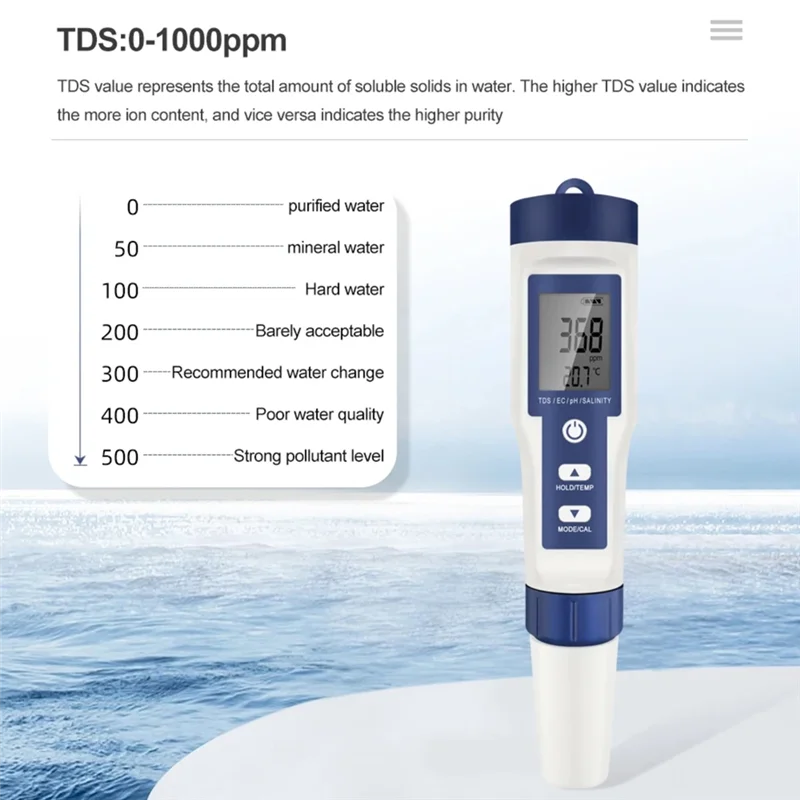 

B08B-цифровой измеритель PH TDS EC, ручка 5 в 1, тестер чистоты фильтра проводимости с подсветкой для температуры солености воды