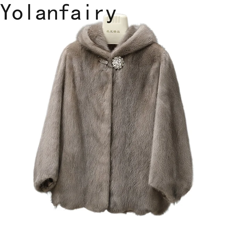

YOLANFAIRY Natural Whole Mink Fur Coat Woman 2025 Winter Short Real Fur Coats with Hood Elegant Grey Mink Fur Jacket Fourrure