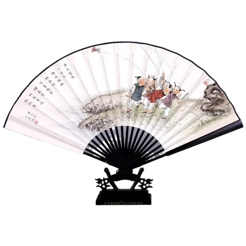 Handbemalter Fächer aus Ebenholz mit Hähnchenflügel und Gold