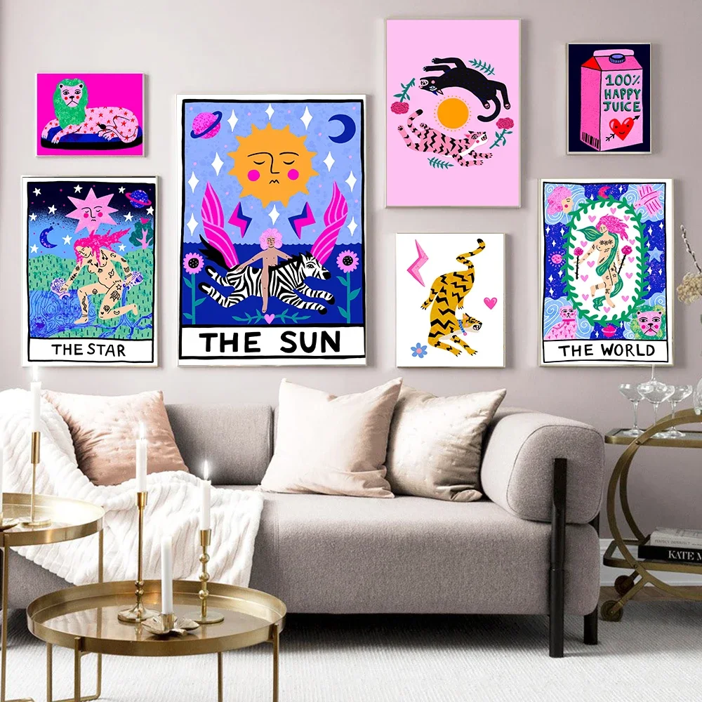 Sun star world tarot card color couple wall art tiger watercolor moon plant fortune telling poster print living room home decora