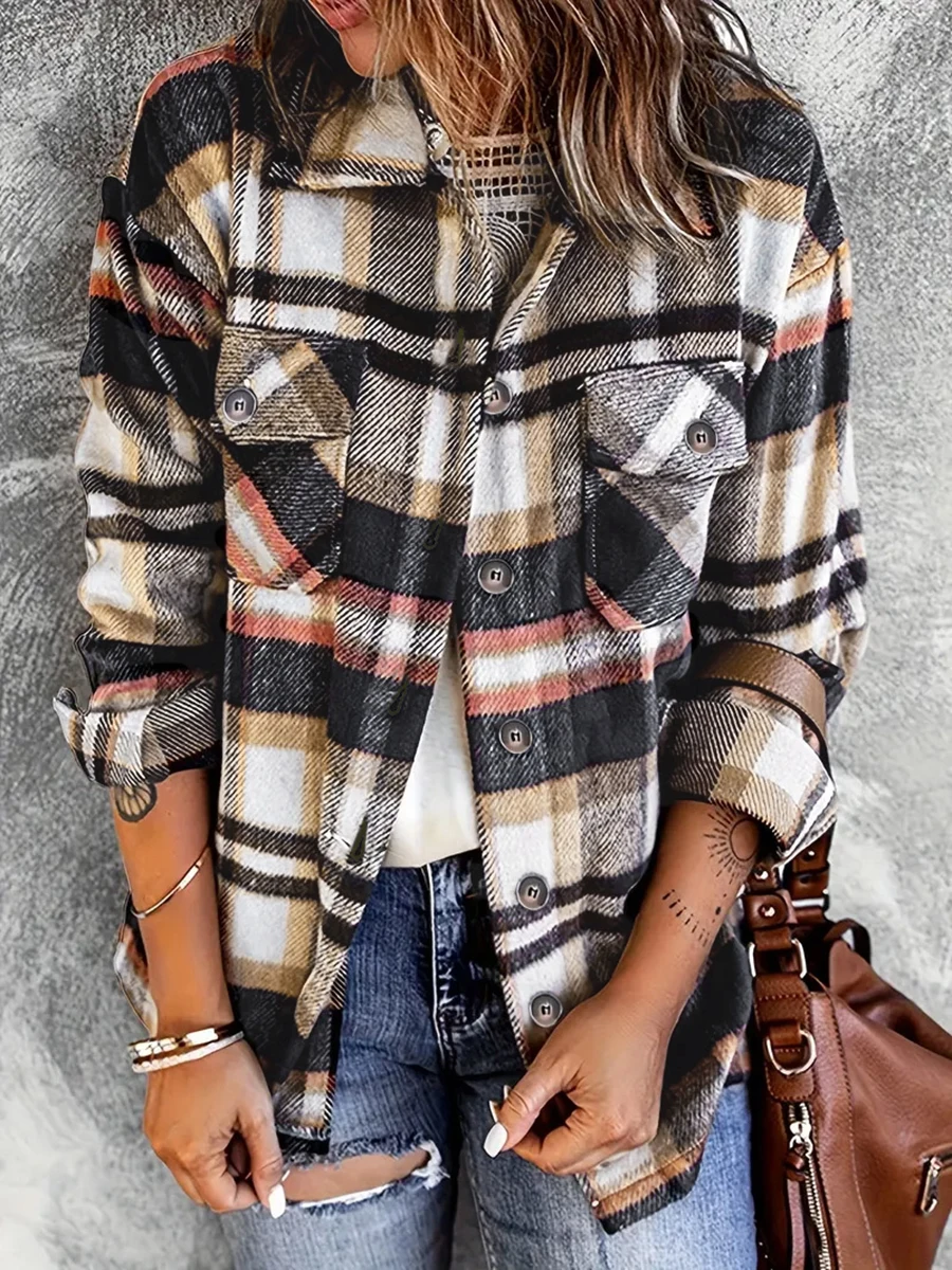 Women Vintage Plaid Shacket Long Sleeve Button Down Shirt Jacket Casual Fall Winter Coat Female Oversized Outerwear Tops