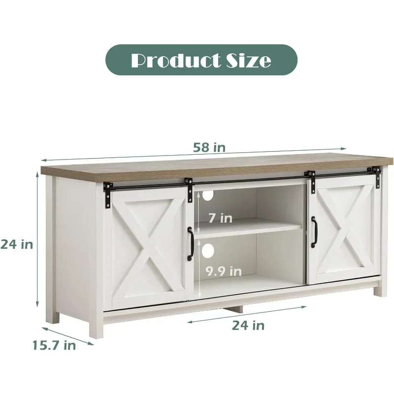 Soporte de TV de granja moderna con puertas corredizas, mesa de centro de entretenimiento multimedia para televisores de hasta 65 ", 2 niveles grandes