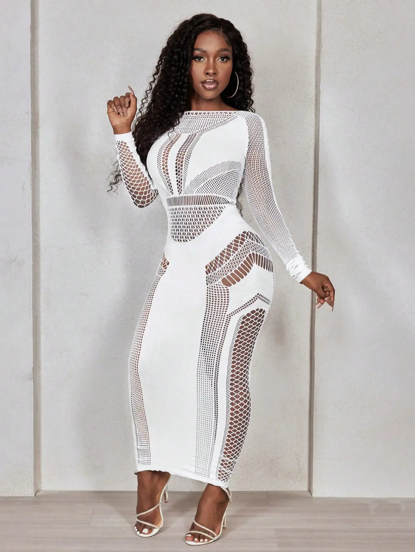 Sukienka damska z długim rękawem, obcisła, z siateczki z wycięciami, jesienna odzież damska.