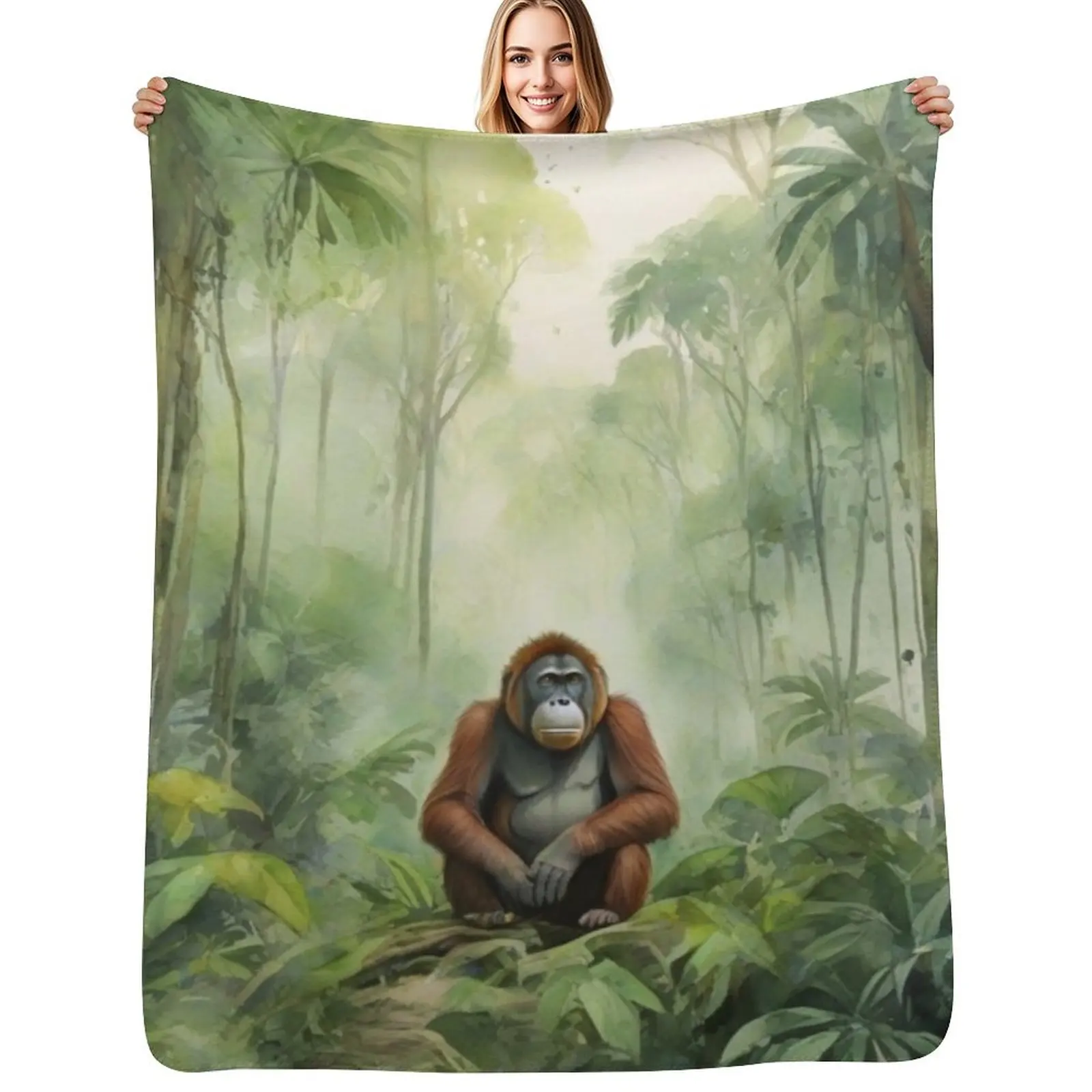 

orangutan in Green forest_watercolour Throw Blanket Outdoor Soft Blanket for Picnic Beach Camping