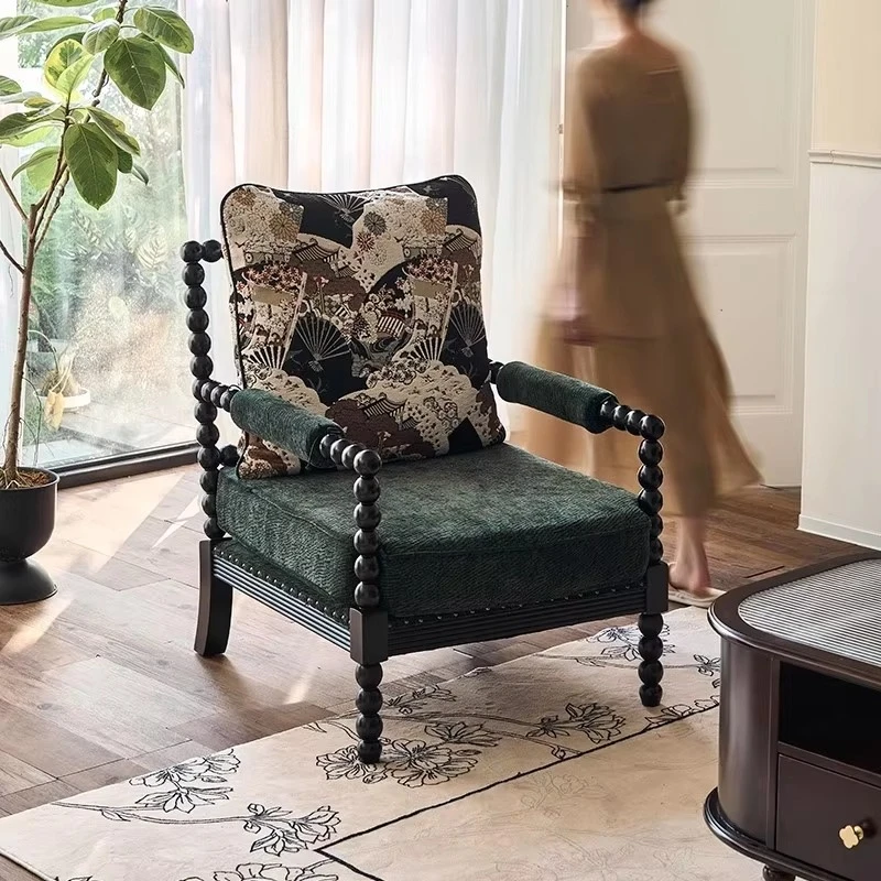 Retro solid wood fabric single sofa small apartment balcony leisure chair