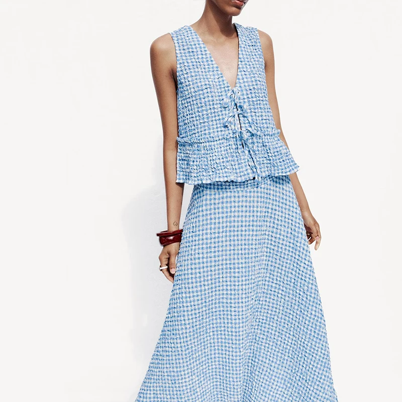 Z 2025 Estate Nuove donne irt e gonna a mantella Set piccolo plaid Faion Ensemble Fibra di poliestere ort Sve V-Ne