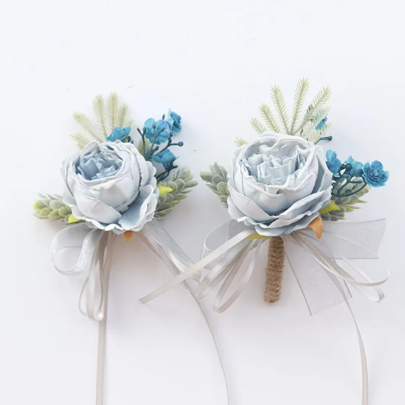 Light Blue Artifical Flowers Groomsman Boutonniere Wrist Corsage Bridesmaid Marriage Wedding Accessories