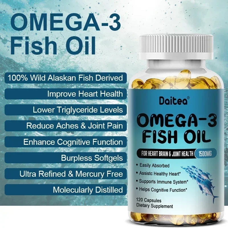 Daitea Omega-3 Fish Oil Supplement - Brain Function, Eye Health - Non-GMO, Flavorless, Easy To Swallow 120 Capsules