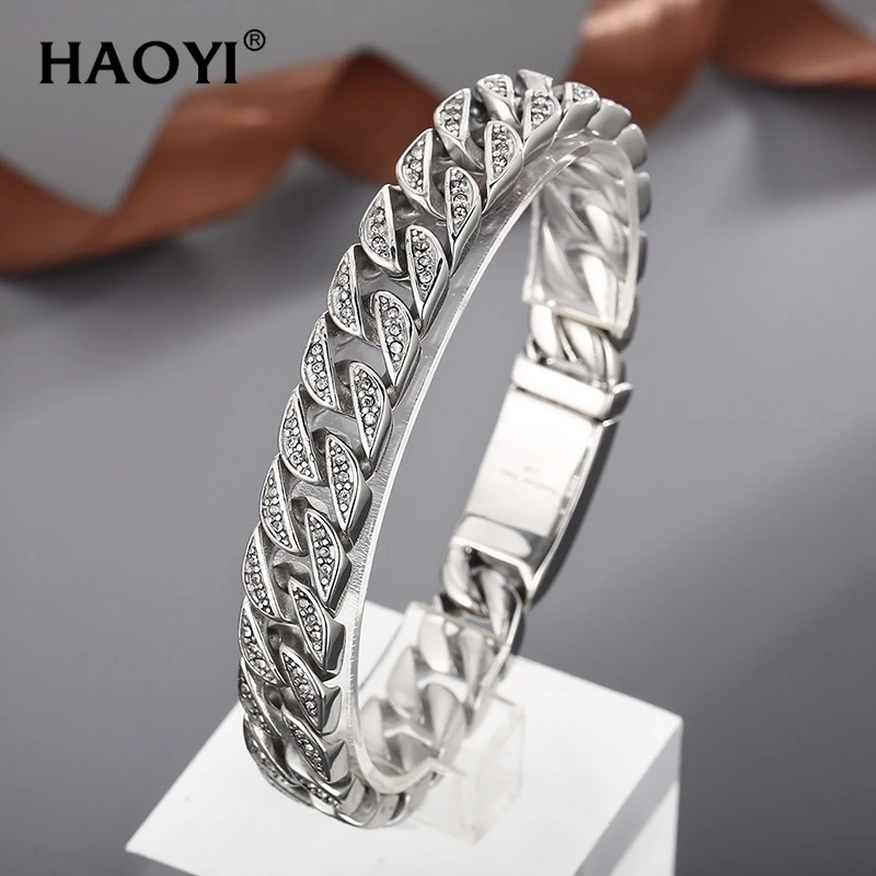 12mm New In Zircon Inlaid Miami Curb Cuban Chain Stainless Steel Bracelet Versatile Fashion Jewelry Punk Hip Hop Style