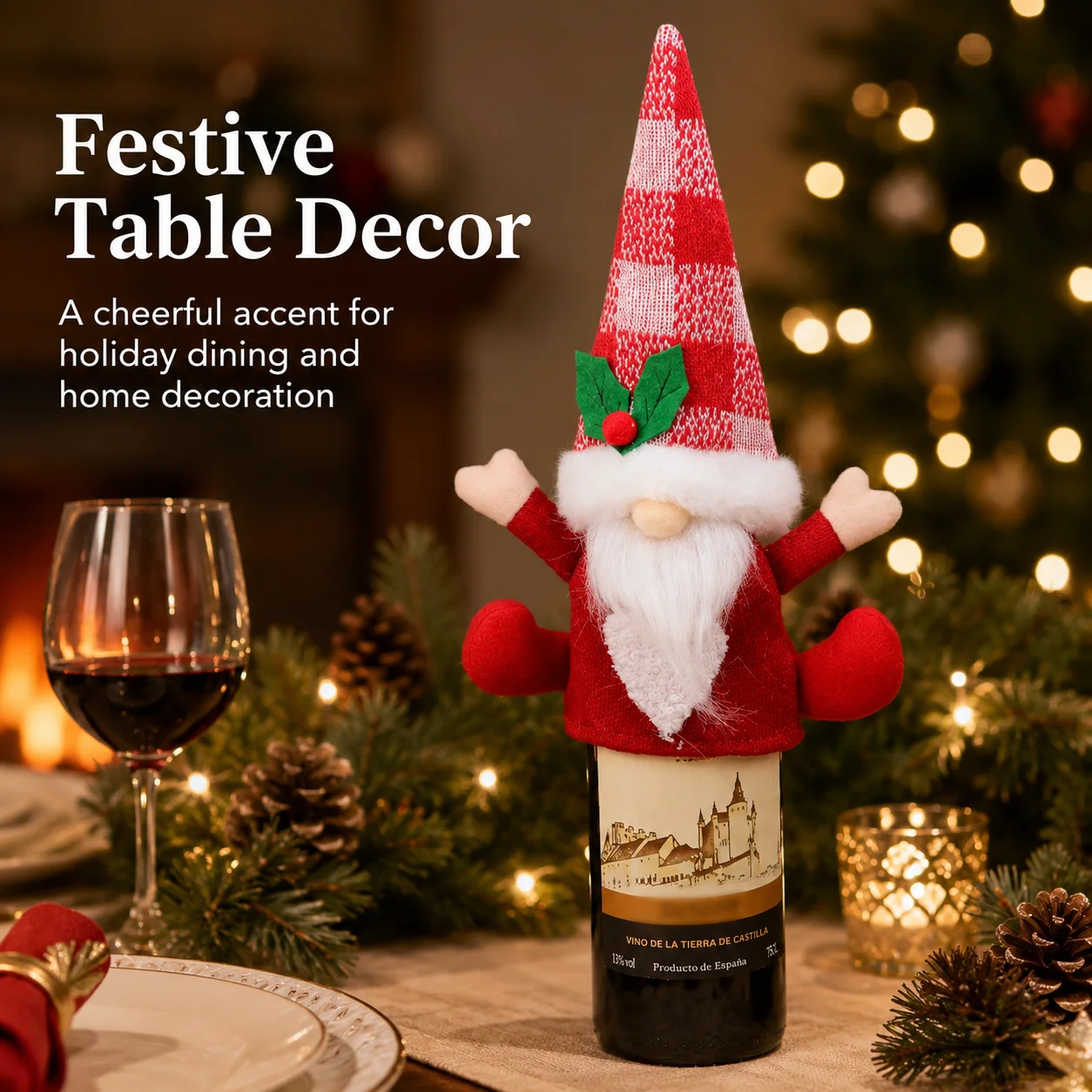 Christmas Plaid Gnome Wine Bottle Cover, Holly Berry Tomte Dwarf Knit Wine Sleeve for Xmas Dinner Table Holiday Wine Gift Decor