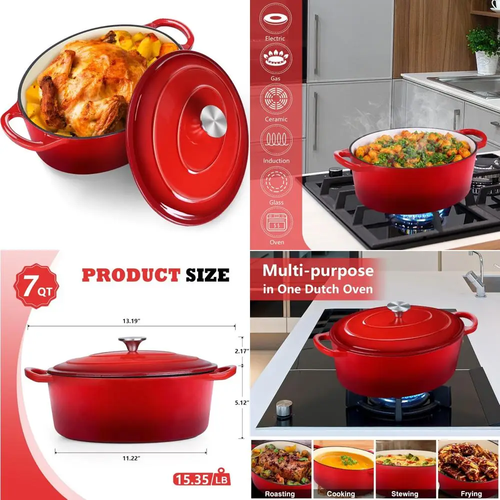 

P&P CHEF Oval Dutch Oven with Lid, Enameled Cast Dutch Oven Pot for Bread Baking, Braising, Stewing, Roasting, Non-Stick & Oven