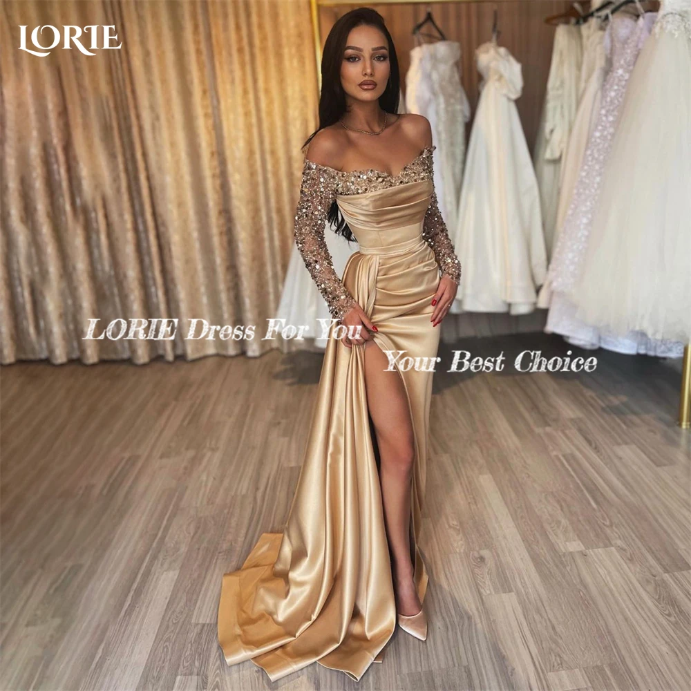 LORIE Glitter Champagne Mermaid Evening Dress Sparkly Off Shoulder Pleats Prom Dress Sexy High Slit Bride Party Gown Customized