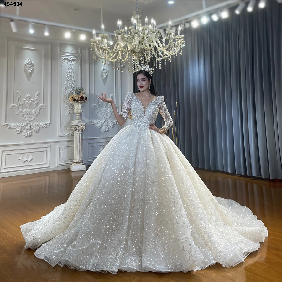 long sleeve wedding dresses 2024 Square Neck Wedding Dress with Puff Sleeves and Lace