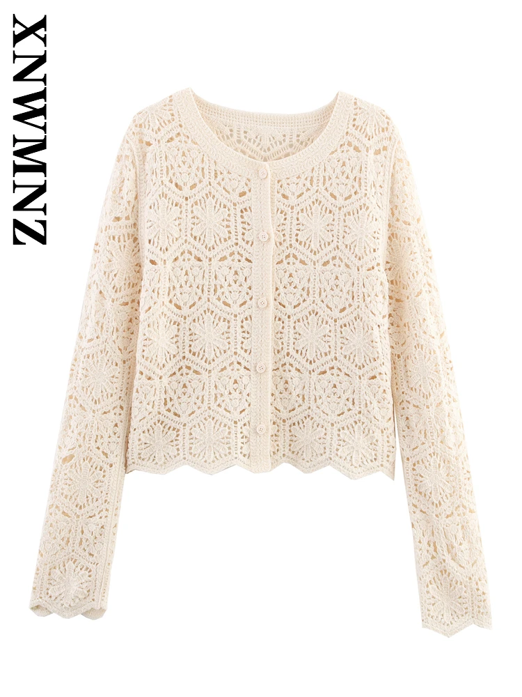 

XNWMNZ 2025 Summer Woman Commuting Casual Long Sleeve O-Collar Knitted Cardigan Simple Women Clothing khaki Long Sleeve Top