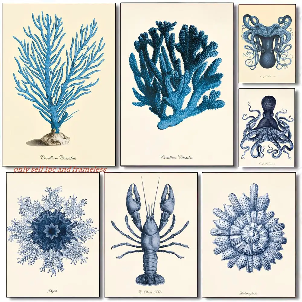 Blue Sea Creature Coral Shrimp Poster Premium PP Wall Decal - Peel & Stick, HD Print, Waterproof Home Decor